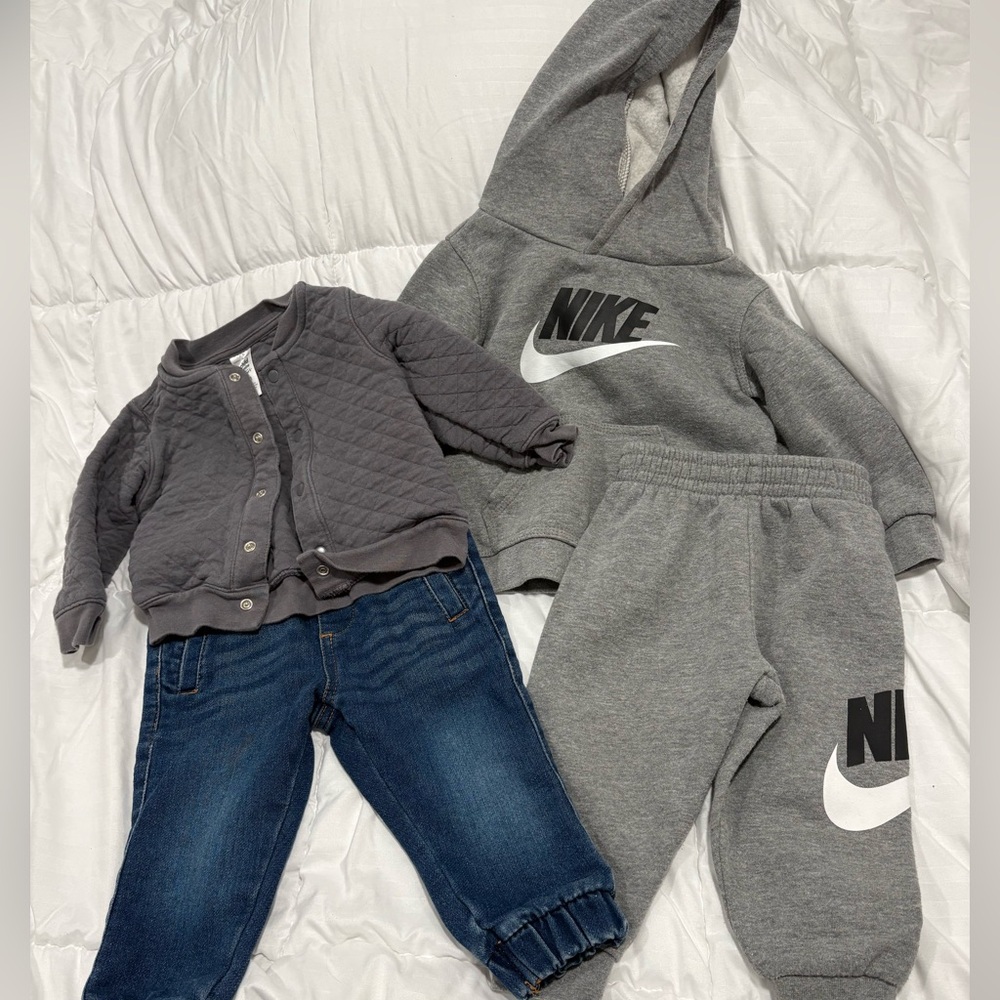 Nike Gray Hoodie and Jogger Set with Blue Jeans